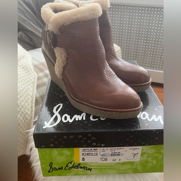 Sam Edelman Brown Whiskey Tumbled Leather Jayla Sherpa Wedge Size 8 - Picture 3 of 5